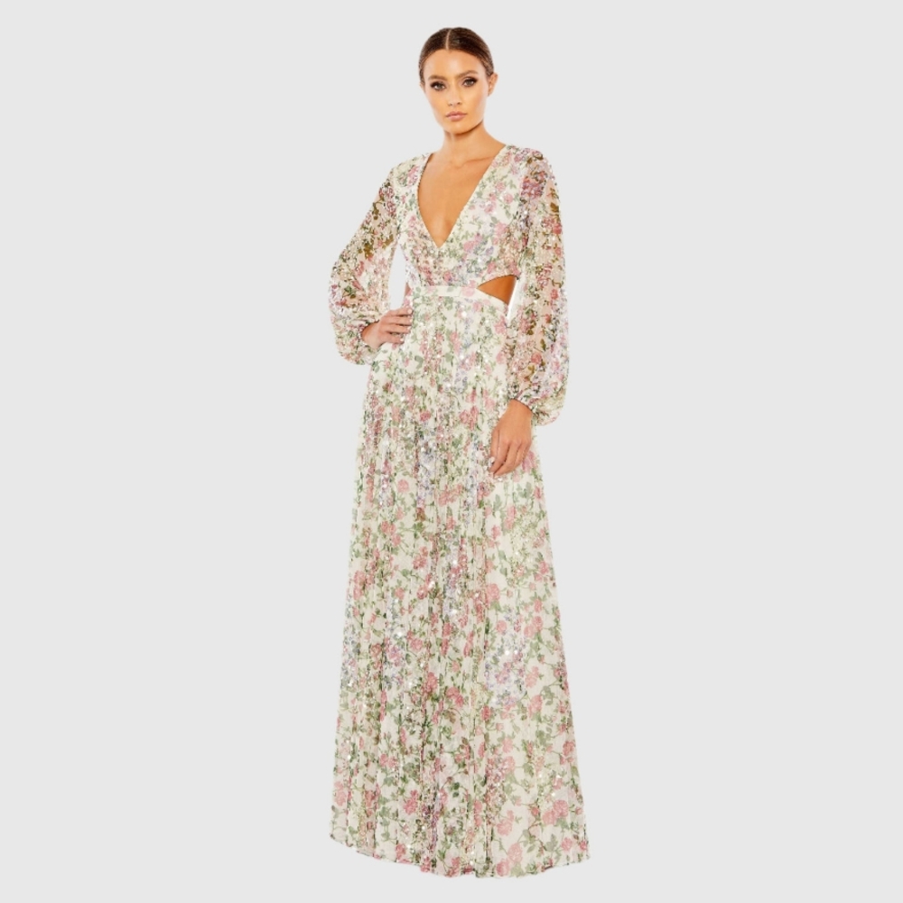 Mac Duggal gown - White MuFloral Long Sleeve Maxi Dress